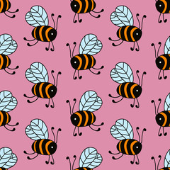 Flying bees in cartoon style on pink background. Vector seamless pattern. Design for gift wrap, cover, fabric, cards, wallpapers, backdrops, panels. 