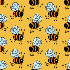 Flying bees in cartoon style on yellow background. Vector seamless pattern. Design for gift wrap, cover, fabric, cards, wallpapers, backdrops, panels. 