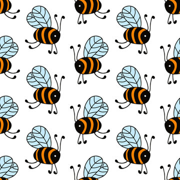 Flying bees in cartoon style isolated on white background. Vector seamless pattern. Design for gift wrap, cover, fabric, cards, wallpapers, backdrops, panels. 