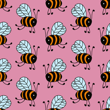 Flying bees in cartoon style on pink background. Vector seamless pattern. Design for gift wrap, cover, fabric, cards, wallpapers, backdrops, panels. 