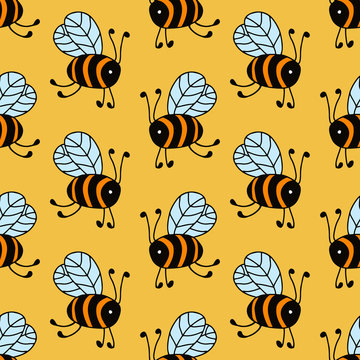 Flying bees in cartoon style on yellow background. Vector seamless pattern. Design for gift wrap, cover, fabric, cards, wallpapers, backdrops, panels. 