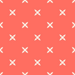 Vector abstract minimalist floral seamless pattern. Simple coral and white geometric background with small flowers, crosses. Subtle minimal ornament texture. Cute colorful repeated decorative design