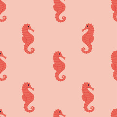 Seahorse vector seamless pattern. Cute hand draw pattern for kids on coral background. Cartoon seahorse for wrapping paper, fabric, textile, wallpaper, home decor © Anastasiia