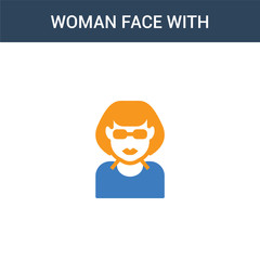 two colored Woman face with sunglasses concept vector icon. 2 color Woman face with sunglasses vector illustration. isolated blue and orange eps icon on white background.