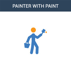 two colored Painter with Paint Bucket concept vector icon. 2 color Painter with Paint Bucket vector illustration. isolated blue and orange eps icon on white background.