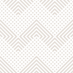 Vector geometric lines seamless pattern. Modern texture with diagonal stripes, broken lines, chevron, zigzag, squares. Simple abstract geometry. Subtle minimal beige and white graphic background - obrazy, fototapety, plakaty