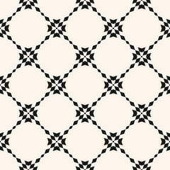 Floral grid seamless pattern. Abstract geometric texture. Simple vector black and white ornament with floral shapes, rhombuses, stars, grid, net, mesh, lattice, tiles. Monochrome repeat design