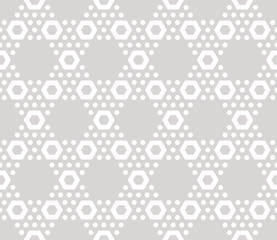 Hexagon texture, vector seamless pattern in soft pastel colors, beige & white. Perforated surface, hexagonal grid. Abstract repeat background. Design element for decoration, prints, paper, covers