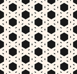 Vector minimalist geometric seamless pattern. Abstract monochrome texture with hexagons and small rhombuses. Simple black and white geometry ornament. Minimal repeat background. Stylish modern design