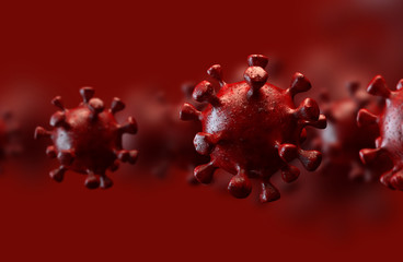 Abstract SARS-CoV-2 cells spreading on red background. Coronavirus outbreak illustration. 3D rendered virus design element.