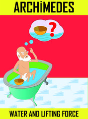 buoyancy of water.  archimedes. Greek mathematician and inventor from Syracuse. Archimedes' principle. Eureka. physics lesson water buoyancy
