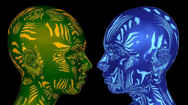 Robot  , android humanoid women heads with shapes , patterns moving gracfully on surface . 3d  animation