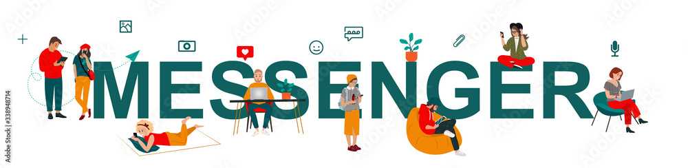 Poster messenger app banner with young people using smartphones, laptop, pc, tablet for texting messages vi