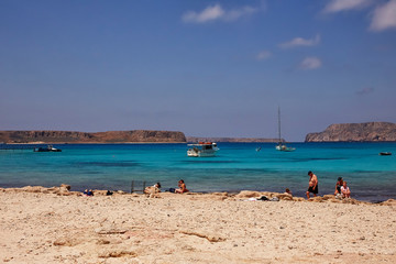 GRAMVOUSA - BALOS, THE CRETE ISLAND, GREECE - JUNE 4, 2019: The beautiful seaview at the beach and the bay of Balos.