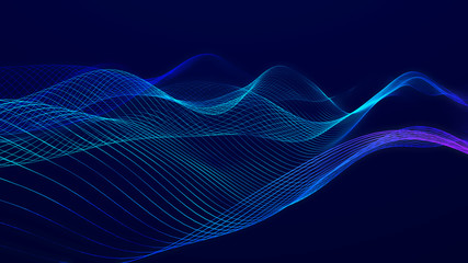 Futuristic wave on dark background. Colored pattern of connection lines. Technology or science. Pattern for background, wallpaper, presentation, design. 3D