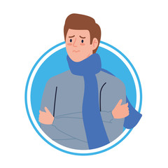 man with scarf sick of covid 19 in frame circular vector illustration design