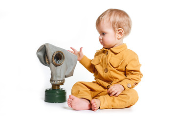 little boy with gas-mask isolated on white background