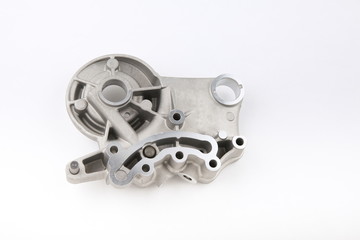 aluminium car engine part on white background top view with copy space