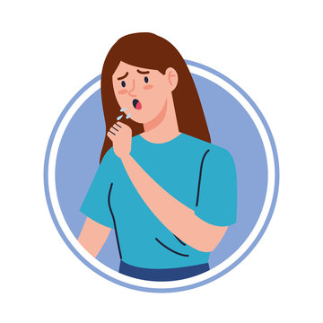 Woman With Cough Sick Of Covid 19 In Frame Circular Vector Illustration Design