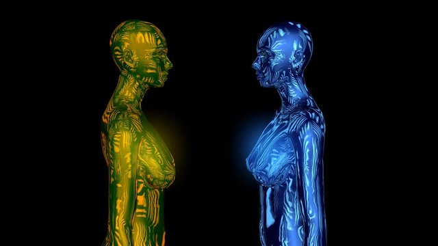 Robot  , android humanoid  women  with shapes moving gracfully on body surface .  3d animation