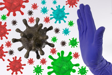 A blue-gloved hand that stops a lot of multicolored coronavirus particles. The concept of the doctors to stop the coronavirus