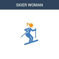 two colored Skier Woman concept vector icon. 2 color Skier Woman vector illustration. isolated blue and orange eps icon on white background.