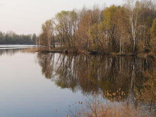 Lake at sunset, on a background of trees. Reflection of nature in the lake. Diamond Lake Kiev, Ukraine.