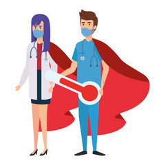 super doctor female and paramedic with hero cloak vector illustration design