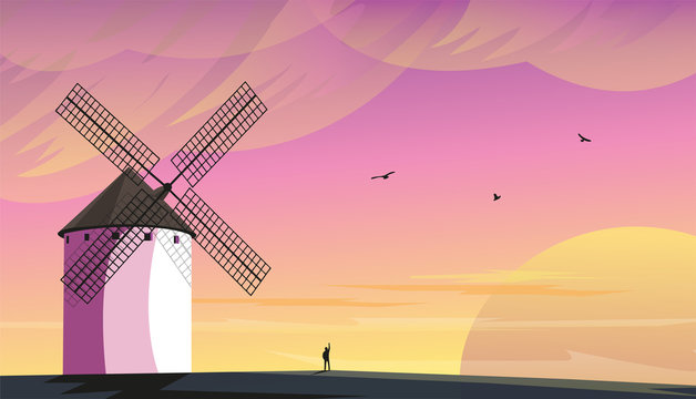 Beautiful landscape with a windmill, vector illustration.