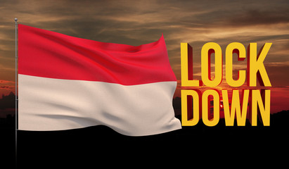 Coronavirus COVID-19 lockdown concept with waving national flag of Indonesia. Pandemic 3D illustration.