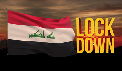 Coronavirus COVID-19 lockdown concept with waving national flag of Iraq. Pandemic 3D illustration.