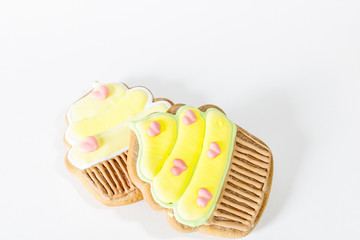 Gingerbread in the shape of a cake on a white background. Holiday sweets