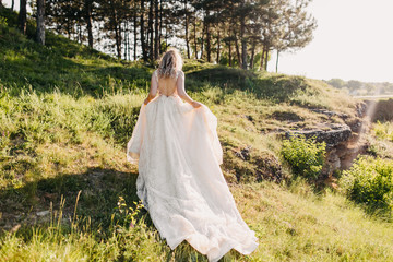 Bride in a long wedding dress, shot from behind, walking on green grass in mountains.
