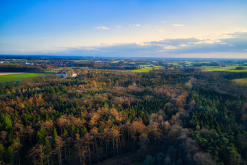 Aerial landscape of woodlands and small towns