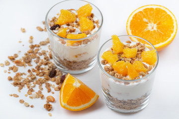 Healthy meal made of granola, yogurt and fruits. Delicious food for breakfast.
