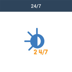two colored 24/7 concept vector icon. 2 color 24/7 vector illustration. isolated blue and orange eps icon on white background.