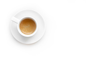Top view of espresso coffee in white cup isolated on white background. 