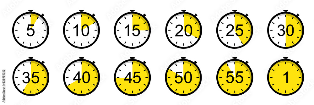 Poster timer icons on a white background. countdown in the form of a timer on a white background in a flat 