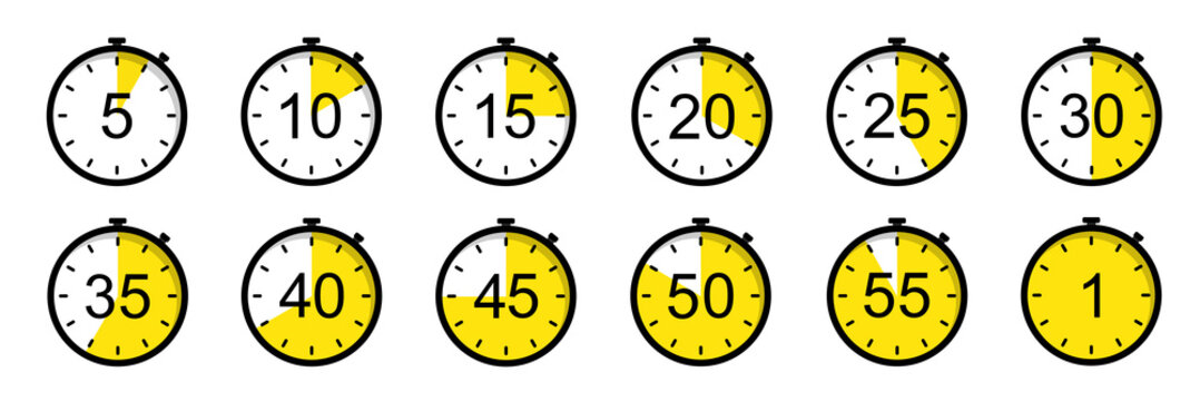 Timer icons on a white background. Countdown in the form of a timer on a white background in a flat style