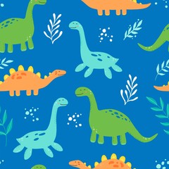 Fototapeta na wymiar Cute dinosaur seamless pattern for kids, baby textile, wallpaper, nursery design. Funny little dino of hand drawn style. Vector illustration.