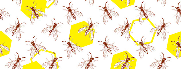 Wasp insect geometric seamless cover. Dangerous design for textile, fabric texture. Yellow bugs on white backdrop. Vector Bumblebee drawing web horizontal banner. Wild Nature graphic wallpaper