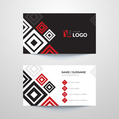 Business card layout with red elements.
