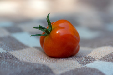 Solanum lycopersicum cultivated red ripened strawberry tomato, tasty fresh fruit with green stem