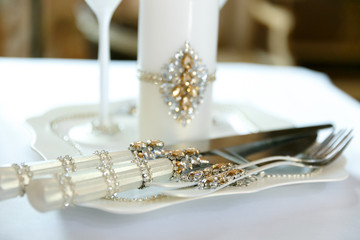 Table arrangement in restaurant. wedding table setting