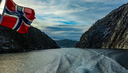 Norwegian flag and the fjord