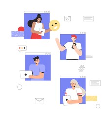Concept of online communication and social networks. A group of people communicate with each other online, hold smartphones and laptops, and pass each other a smiley icon. 
