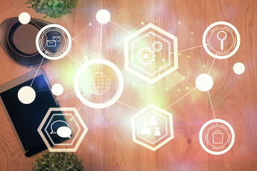 Double exposure of social network theme drawing over table with phone. Top view. People connecting...