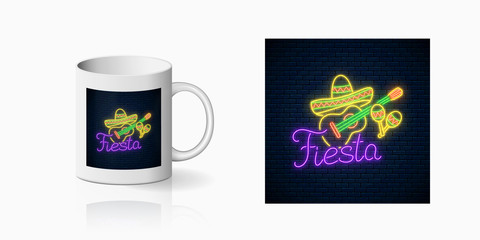 Glowing neon fiesta holiday sign for cup design. Mexican festival design with guitar, maracas and sombrero hat in neon style on mug mockup. Vector shiny design element