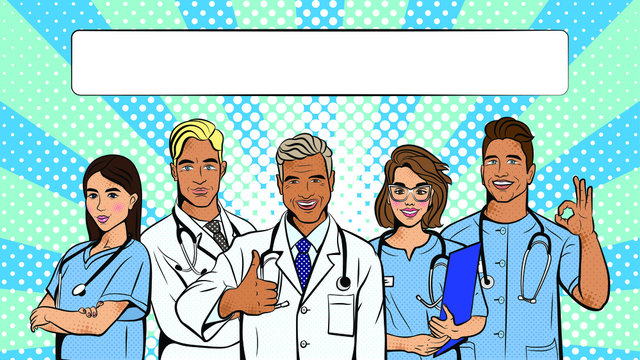Doctors in pop art style. Vector background in comic style retro pop art. Illustration for print advertising and web.