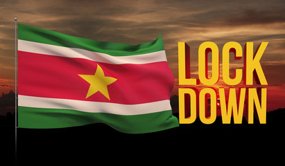 Coronavirus COVID-19 lockdown concept with waving national flag of Suriname. Pandemic 3D illustration.